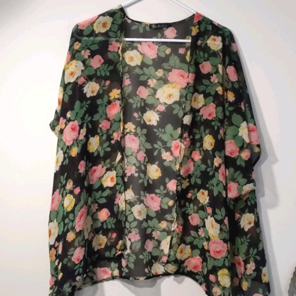 Sheer Peach & Yellow Floral Kimono
